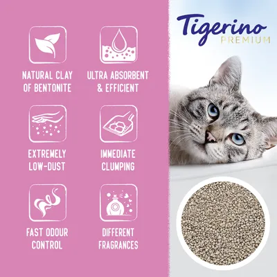 Tigerino Premium kattenbakvulling. Tekst in beeld: natural clay of bentonite, ultra absorbent & efficient, extremely low-dust, immediate clumping, fast odour control, different fragrances.