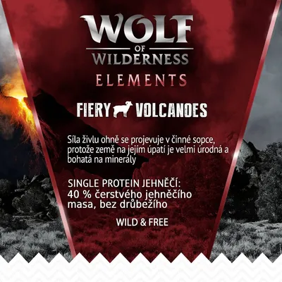 Wolf of Wilderness Elements Fiery Volcanoes, single protein jehněčí: 40 % čerstvého jehněčího masa, bez drůbežího. Wild & Free. Popis složení a inspirace sopečnou krajinou.