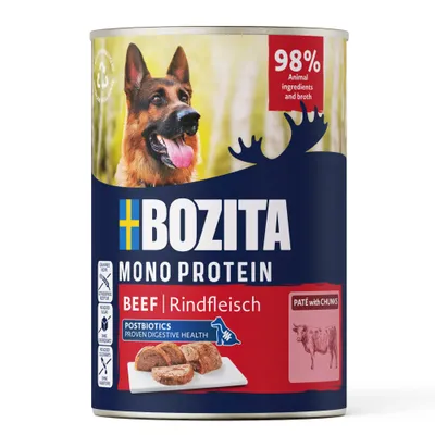 BOZITA Mono Protein BEEF Rundvlees, 98% dierlijke ingrediënten en bouillon, postbiotica voor een gezonde spijsvertering, paté met stukjes, afbeelding van vleesschijven.