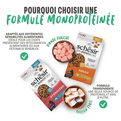 Schesir Animal Formule Monoprotéine pour chats, variantes adulte et stérilisé. Viande ou poisson frais comme seule source de protéines, adapté en cas d’intolérances alimentaires.