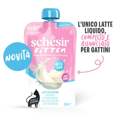 Schesir Latte per gattini, con DHA e taurina, senza cereali, 150 ml. Testo: L’unico latte liquido, completo e bilanciato per gattini. Schesir Latte per gattini, con DHA e taurina, senza cereali, 150 ml. Testo: L’unico latte liquido, completo e bilanciato per gattini.