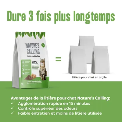 Nature’s Calling litière pour chat, dure 3 fois plus longtemps que la litière en argile. Avantages : agglomération rapide, contrôle des odeurs, faible entretien, moins de litière utilisée.