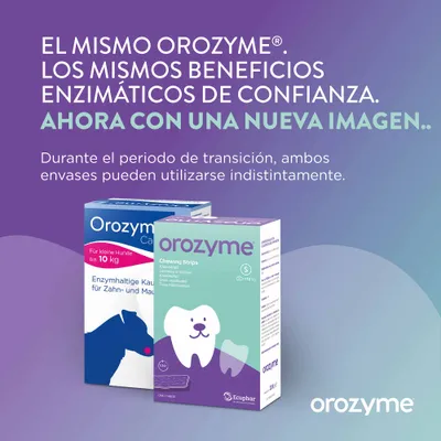 Orozyme: Los mismos beneficios enzimáticos, nuevo diseño de envase. Ambos paquetes pueden utilizarse durante el período de transición.