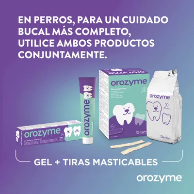 Orozyme Gel y tiras masticables para perros. Para un cuidado bucal completo, utilice ambos productos conjuntamente. Texto en español: Gel + Tiras masticables.
