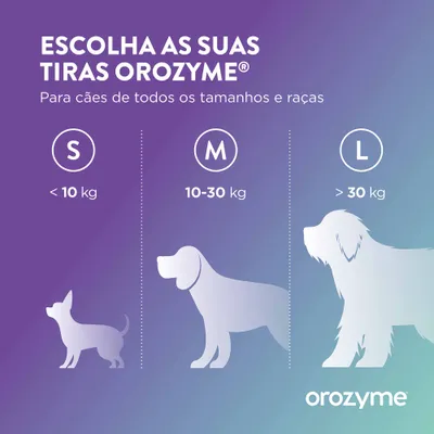 Tabela de tamanhos OROZYME Tiras: S menos de 10 kg, M 10-30 kg, L mais de 30 kg. Para cães de todos os tamanhos e raças.