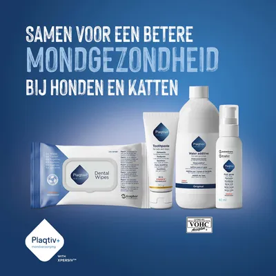 Plagtiv+ Dental Wipes, Tandpasta, Wateradditief en Mondspray. Tekst: Samen voor een betere mondgezondheid bij honden en katten. VOHC geaccepteerd. Plagtiv+ Dental Wipes, Tandpasta, Wateradditief en Mondspray. Tekst: Samen voor een betere mondgezondheid bij honden en katten. VOHC geaccepteerd.