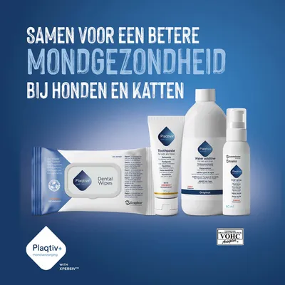 Plaqitv+ mondverzorgingsproducten: Dental Wipes, tandpasta, wateradditief en mondspray. Tekst: Samen voor een betere mondgezondheid bij honden en katten.