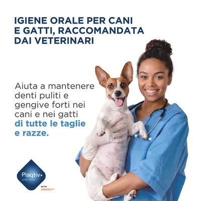 Plagtiv+ oral care. Raccomandato dai veterinari per cani e gatti. Aiuta a mantenere denti e gengive puliti e sani in tutte le taglie, e razze. Plagtiv+ oral care. Raccomandato dai veterinari per cani e gatti. Aiuta a mantenere denti e gengive puliti e sani in tutte le taglie, e razze.