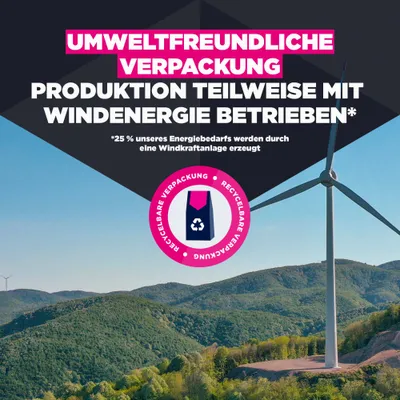 Umweltfreundliche Verpackung, Produktion teilweise mit Windenergie betrieben. 25 % des Energiebedarfs durch Windkraftanlage gedeckt. Recycelbare Verpackung. Umweltfreundliche Verpackung, Produktion teilweise mit Windenergie betrieben. 25 % des Energiebedarfs durch Windkraftanlage gedeckt. Recycelbare Verpackung.