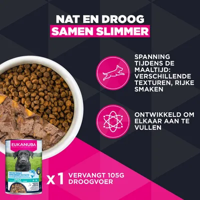 Eukanuba nat- en droogvoer, vervangt 105 g droogvoer. Verschillende texturen, rijke smaken. Ontwikkeld om elkaar aan te vullen. Eukanuba nat- en droogvoer, vervangt 105 g droogvoer. Verschillende texturen, rijke smaken. Ontwikkeld om elkaar aan te vullen.