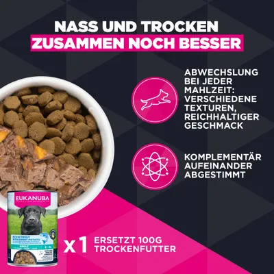 Nass und Trocken zusammen noch besser. Abwechslung bei jeder Mahlzeit: verschiedene Texturen, reichhaltiger Geschmack. Komplementär aufeinander abgestimmt. 1 Dose ersetzt 100g Trockenfutter. Nass und Trocken zusammen noch besser. Abwechslung bei jeder Mahlzeit: verschiedene Texturen, reichhaltiger Geschmack. Komplementär aufeinander abgestimmt. 1 Dose ersetzt 100g Trockenfutter.