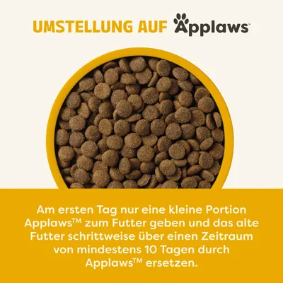 Umstellung auf Applaws: Am ersten Tag kleine Portion Applaws zum Futter geben und altes Futter über mindestens 10 Tage schrittweise durch Applaws ersetzen. Umstellung auf Applaws: Am ersten Tag kleine Portion Applaws zum Futter geben und altes Futter über mindestens 10 Tage schrittweise durch Applaws ersetzen.