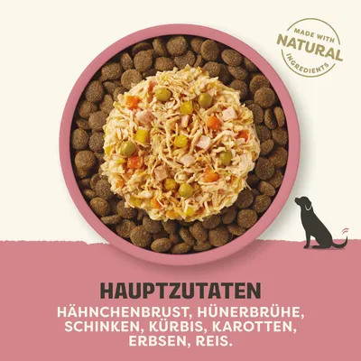 Hauptzutaten: Hähnchenbrust, Hühnerbrühe, Schinken, Kürbis, Karotten, Erbsen, Reis. Made with natural ingredients. Hauptzutaten: Hähnchenbrust, Hühnerbrühe, Schinken, Kürbis, Karotten, Erbsen, Reis. Made with natural ingredients.