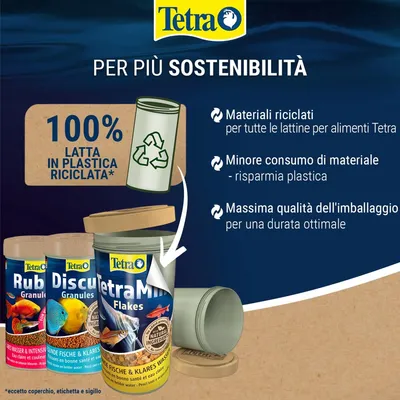 Tetra: 100% lattina realizzata in plastica riciclata, materiali riciclati per tutte le lattine di alimenti Tetra, minore consumo di materiali, massima qualità dell’imballaggio. Tetra: 100% lattina realizzata in plastica riciclata, materiali riciclati per tutte le lattine di alimenti Tetra, minore consumo di materiali, massima qualità dell’imballaggio.