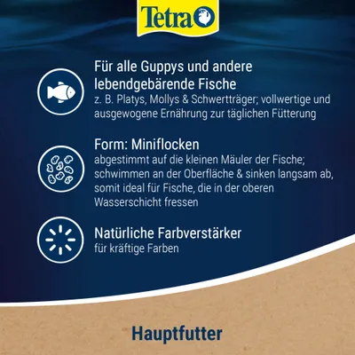 Tetra Hauptfutter für Guppys und andere lebendgebärende Fische, Miniflocken-Form, natürliche Farbverstärker für kräftige Farben. Tetra Hauptfutter für Guppys und andere lebendgebärende Fische, Miniflocken-Form, natürliche Farbverstärker für kräftige Farben.