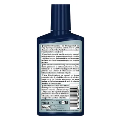 Tetra FilterActive contiene batteri depuratori vivi. Contenuto: 250 ml, per 1.000 L di acqua dell'acquario. Da consumarsi preferibilmente entro/Numero di lotto vedi sul fondo. Istruzioni per il dosaggio all'interno.