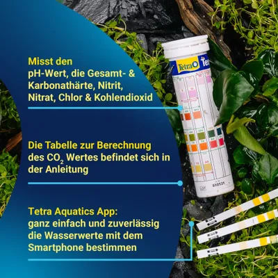 Misst pH-Wert, Gesamthärte, Karbonathärte, Nitrit, Nitrat, Chlor und Kohlendioxid. CO2-Tabelle in Anleitung. Mit Tetra Aquatics App Wasserwerte per Smartphone bestimmen. Misst pH-Wert, Gesamthärte, Karbonathärte, Nitrit, Nitrat, Chlor und Kohlendioxid. CO2-Tabelle in Anleitung. Mit Tetra Aquatics App Wasserwerte per Smartphone bestimmen.