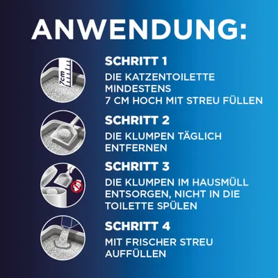 Anleitung zur Anwendung von Katzenstreu: 1. Katzentoilette mindestens 7 cm hoch füllen, 2. Klumpen täglich entfernen, 3. Im Hausmüll entsorgen, 4. Mit frischer Streu auffüllen. Anleitung zur Anwendung von Katzenstreu: 1. Katzentoilette mindestens 7 cm hoch füllen, 2. Klumpen täglich entfernen, 3. Im Hausmüll entsorgen, 4. Mit frischer Streu auffüllen.