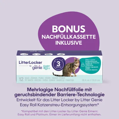 BONUS utántöltő kazetta mellékelve. Többrétegű utántöltő fólia szagzáró gát technológiával a LitterLocker by Litter Genie Easy Roll macskaalom-eltávolító rendszerhez. BONUS utántöltő kazetta mellékelve. Többrétegű utántöltő fólia szagzáró gát technológiával a LitterLocker by Litter Genie Easy Roll macskaalom-eltávolító rendszerhez.