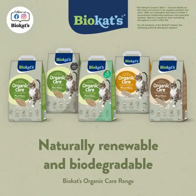 Biokat's Organic Care Cat Litter, Varieties: Plant fibres, Wheat fibres, Wood fibres. Naturally renewable and biodegradable. Biokat's Organic Care Range.