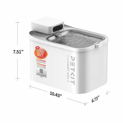 PETKIT EVERSWEET MAX D Trinkbrunnen mit den Maßen 10,43 x 6,73 x 7,51 Zoll. Hinweis: spülmaschinenfest bis 212°F. PETKIT EVERSWEET MAX D Trinkbrunnen mit den Maßen 10,43 x 6,73 x 7,51 Zoll. Hinweis: spülmaschinenfest bis 212°F.