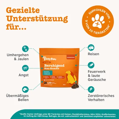 Zesty Paws Beruhigend Kau-Snacks, gezielte Unterstützung bei Umhergehen & Jaulen, Angst, übermäßigem Bellen, Reisen, Feuerwerk & lauten Geräuschen, zerstörerischem Verhalten. Empfohlen von 9 von 10 Tierärzten. Zesty Paws Beruhigend Kau-Snacks, gezielte Unterstützung bei Umhergehen & Jaulen, Angst, übermäßigem Bellen, Reisen, Feuerwerk & lauten Geräuschen, zerstörerischem Verhalten. Empfohlen von 9 von 10 Tierärzten.