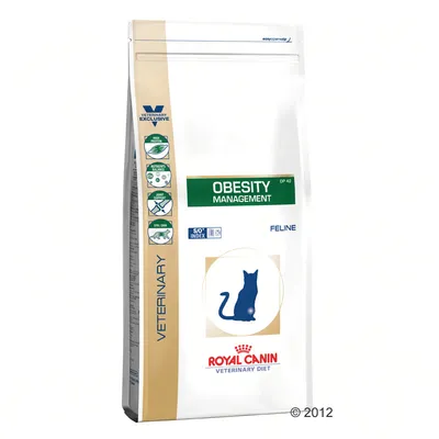 Royal Canin Veterinary Diet Obesity Management Feline -kuivaruokapakkaus kissoille. Näkyvissä tekstit: HIGH PROTEIN, NUTRIENTS BALANCE, JOINT SUPPORT, EPA/DHA, S/O INDEX.