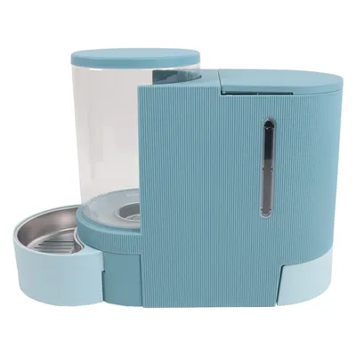 Automatischer Futterspender in Blau mit transparentem Behälter und Edelstahl-Futterschale. Sichtfenster zur Überprüfung des Füllstands.