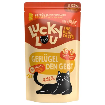 Lucky Lou fågel med palsternacka för vuxna, 96% kött, Made in Germany, utan spannmål, utan tillsatt socker. Förpackningsstorlek: 125g.