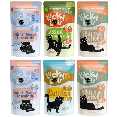 Lucky Lou kattmat för vuxna, olika sorter: fjäderfä & fasan, nötkött & vildsvin, fjäderfä & kanin, fjäderfä & hjort. Tillverkad i Tyskland, 125g påse.