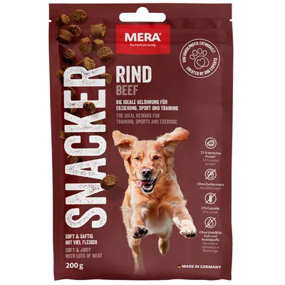 MERA Snacker nötkött, 200g. Perfekt som belöning vid träning, sport och uppfostran. Utan tillsatt socker, 0% spannmål, 72% animaliskt protein, utan konstgjorda färg- och aromämnen. Made in Germany.