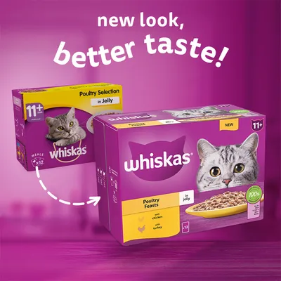 Whiskas 11+ Poultry Feasts in Jelly macskaeledel új csomagolása, látható a régi és az új doboz, angol szöveg: new look, better taste!