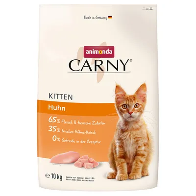 Animonda Carny Kitten pui, 65% carne și ingrediente de origine animală, 35% carne proaspătă de pui, 0% cereale în rețetă, produs în Germania, pachet de 10 kg.