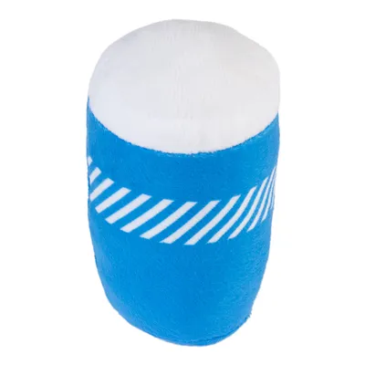 Jucărie de pluș albastru-alb în formă cilindrică, cu model de dungi diagonale.