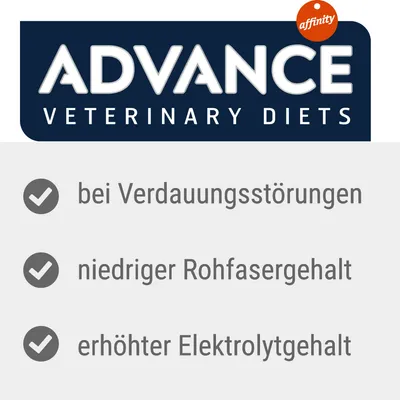Advance Veterinary Diets von Affinity. Eigenschaften: bei Verdauungsstörungen, niedriger Rohfasergehalt, erhöhter Elektrolytgehalt.