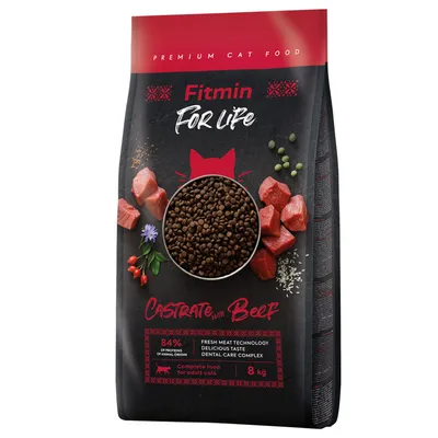 Fitmin For Life Premium храна за кастрирани котки с говеждо, 84% животински протеини, Fresh Meat Technology, Dental Care Complex, пълноценна храна за възрастни котки, опаковка 8 кг.