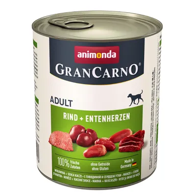 Animonda GranCarno Adult wołowina + serca kacze, 100% świeżych składników, bez zbóż i glutenu, wyprodukowano w Niemczech.
