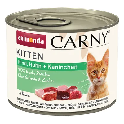 Animonda Carny Kitten Nassfutter mit Rind, Huhn und Kaninchen. 100% frische Zutaten, ohne Getreide und Zucker, mit Taurin.