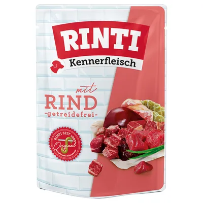 RINTI Kennerfleisch mit Rind, getreidefrei. RINTI seit 1983 Original. Abgebildet: Fleischstücke und Zutaten.