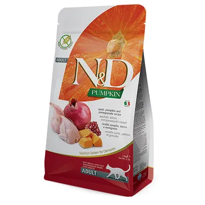 N&D Pumpkin Adult cibo per gatti con quaglia, zucca e melagrana. Senza glutine, prodotto in Italia. Nutrition System for Carnivores.