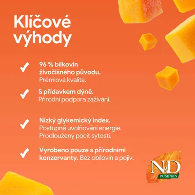 N&D Pumpkin: 96% živočíšnych bielkovín, s prídavkom tekvice, nízky glykemický index, iba prírodné konzervačné látky, bez obilnín a spojív. N&D Pumpkin: 96% živočíšnych bielkovín, s prídavkom tekvice, nízky glykemický index, iba prírodné konzervačné látky, bez obilnín a spojív.