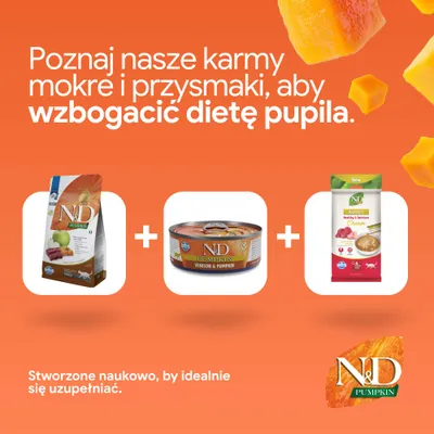 N&D Pumpkin karma sucha, karma mokra Venison i Pumpkin oraz Adult Cream przekąska obok siebie. Opracowane naukowo dla optymalnej suplementacji. N&D Pumpkin karma sucha, karma mokra Venison i Pumpkin oraz Adult Cream przekąska obok siebie. Opracowane naukowo dla optymalnej suplementacji.