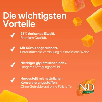 Die wichtigsten Vorteile: 96% tierisches Eiweiß, mit Kürbis angereichert, niedriger glykämischer Index, hergestellt mit natürlichen Konservierungsstoffen, ohne Getreide und Füllstoffe.