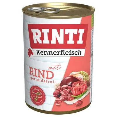 Blik Rinti Kennerfleisch mit Rind, getreidefrei. Afbeelding van rundvlees en orgaanvlees op het etiket. Tekst: 'Seit 1983 Original'.