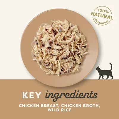 100% naturalne składniki. Kluczowe składniki: chicken breast, chicken broth, wild rice. Tekst w języku angielskim. Grafika kota.