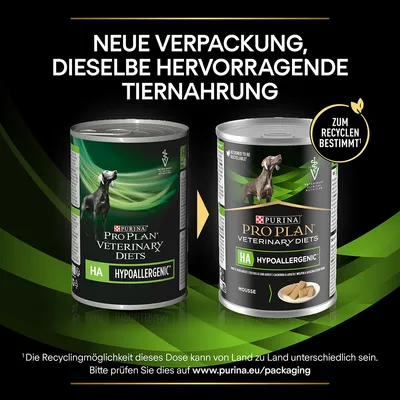 Purina Pro Plan Veterinary Diets HA Hypoallergenic. Neue Verpackung, dieselbe hervorragende Tiernahrung. Zum Recyceln bestimmt. Recyclingmöglichkeiten variieren je nach Land.