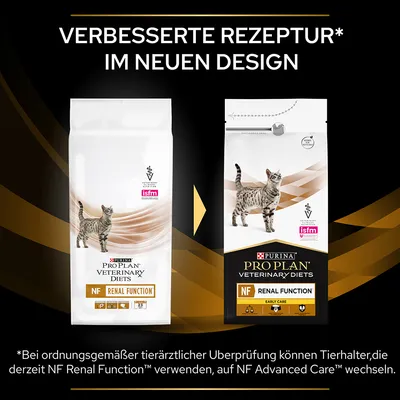 Purina Pro Plan Veterinary Diets NF Renal Function. Verbesserte Rezeptur im neuen Design. Wechsel auf NF Advanced Care bei tierärztlicher Überprüfung empfohlen.