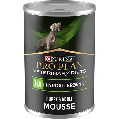 Tin labelled Pro Plan Veterinary Diets HA Hypoallergenic, Puppy & Adult Mousse. Shows hypoallergenic formula for puppies and adults.