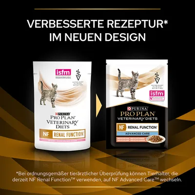 Purina Pro Plan Veterinary Diets NF Renal Function mit verbesserter Rezeptur und neuem Design. Hinweis: Wechsel auf NF Advanced Care™ nach tierärztlicher Überprüfung möglich.