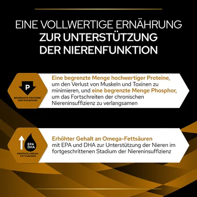 Eine vollwertige Ernährung zur Unterstützung der Nierenfunktion. Begrenzte Proteine und Phosphor, erhöhter Gehalt an Omega-Fettsäuren mit EPA und DHA für chronische Niereninsuffizienz.
